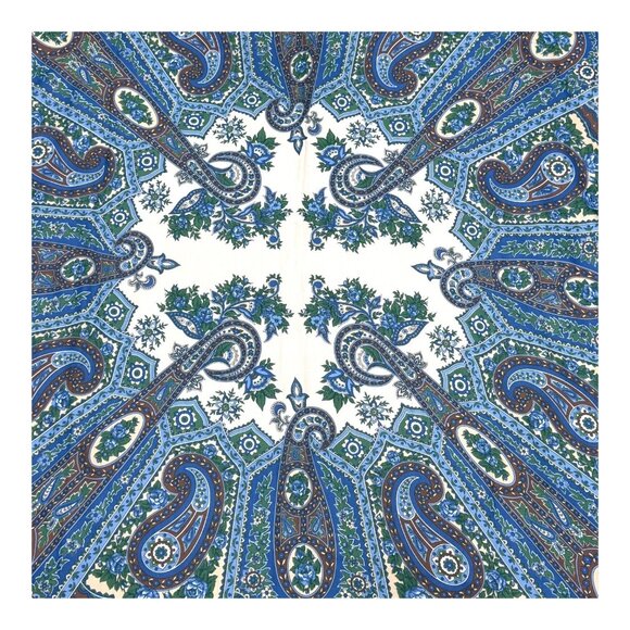 Vintage Franco Laurenti Blue & White Paisley Peacock Floral Scarf 47" X 44" Boho - Picture 2 of 6